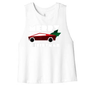 Futuristic Cyber Red Truck Pickup Christmas Tree Women's Racerback Cropped Tank