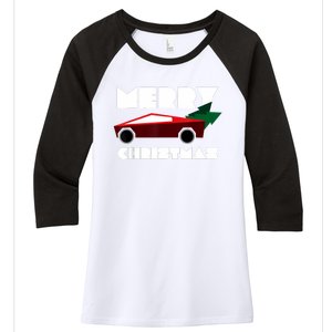 Futuristic Cyber Red Truck Pickup Christmas Tree Women's Tri-Blend 3/4-Sleeve Raglan Shirt