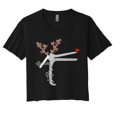 Funny Christmas Reindeer Speculum Nurse L&D Nursing Xmas Women's Crop Top Tee