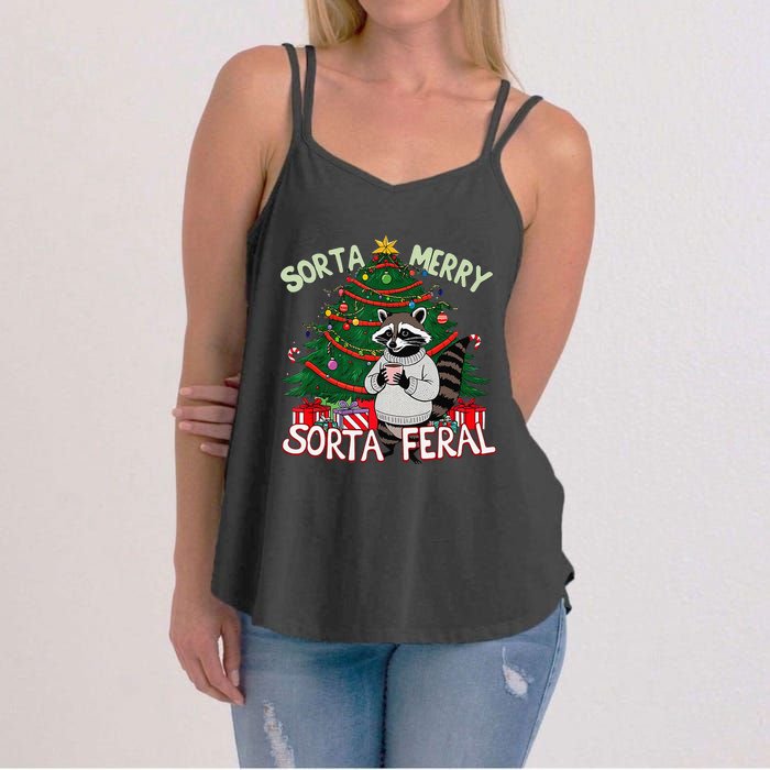 Funny Christmas Raccoon Sorta Merry Sorta Santa Feral Xmas Women's Strappy Tank