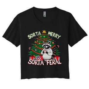 Funny Christmas Raccoon Sorta Merry Sorta Santa Feral Xmas Women's Crop Top Tee