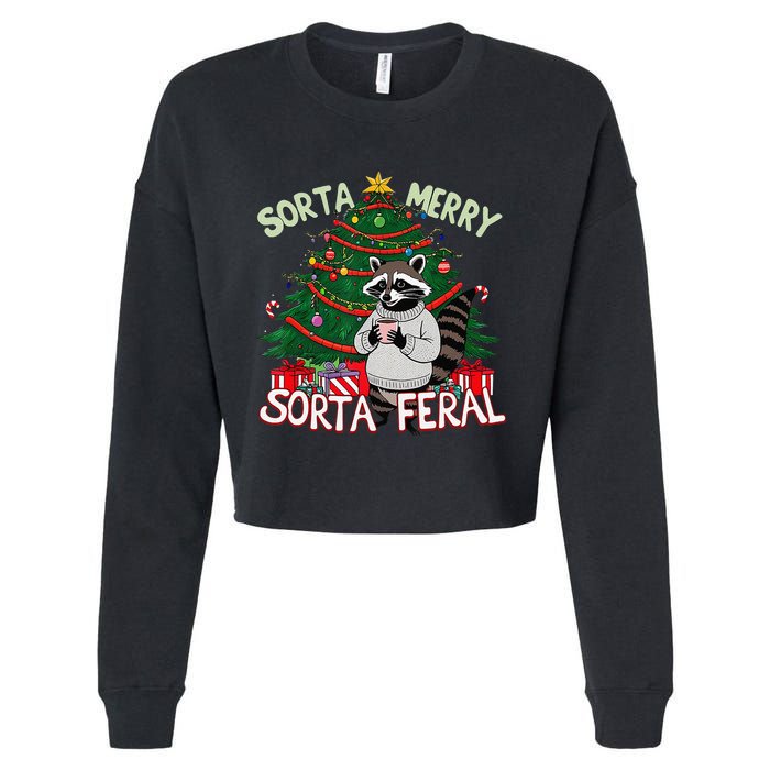 Funny Christmas Raccoon Sorta Merry Sorta Santa Feral Xmas Cropped Pullover Crew