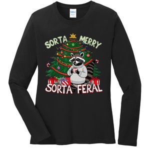 Funny Christmas Raccoon Sorta Merry Sorta Santa Feral Xmas Ladies Long Sleeve Shirt