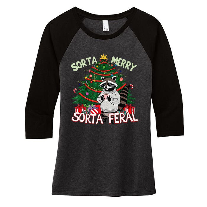 Funny Christmas Raccoon Sorta Merry Sorta Santa Feral Xmas Women's Tri-Blend 3/4-Sleeve Raglan Shirt