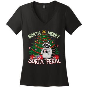 Funny Christmas Raccoon Sorta Merry Sorta Santa Feral Xmas Women's V-Neck T-Shirt