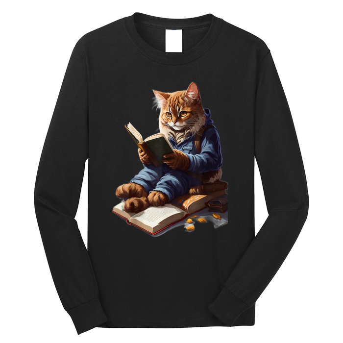 Funny Cats Reading A Book Graphic Cat Kitten Lovers Long Sleeve Shirt