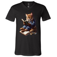 Funny Cats Reading A Book Graphic Cat Kitten Lovers V-Neck T-Shirt