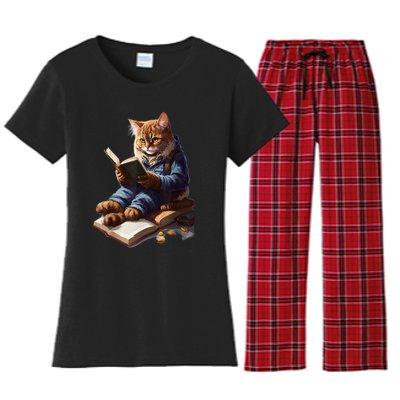 Funny Cats Reading A Book Graphic Cat Kitten Lovers Women's Flannel Pajama Set