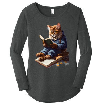 Funny Cats Reading A Book Graphic Cat Kitten Lovers Women's Perfect Tri Tunic Long Sleeve Shirt