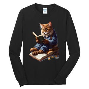 Funny Cats Reading A Book Graphic Cat Kitten Lovers Tall Long Sleeve T-Shirt