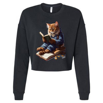 Funny Cats Reading A Book Graphic Cat Kitten Lovers Cropped Pullover Crew