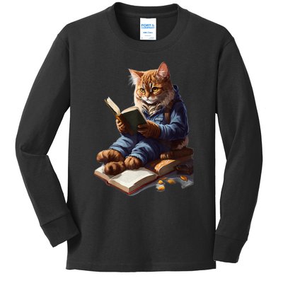 Funny Cats Reading A Book Graphic Cat Kitten Lovers Kids Long Sleeve Shirt