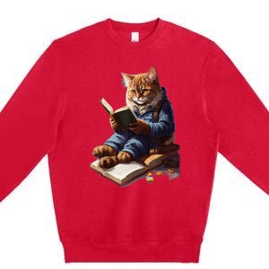 Funny Cats Reading A Book Graphic Cat Kitten Lovers Premium Crewneck Sweatshirt