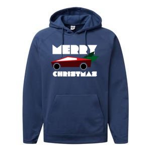 Futuristic Cyber Red Truck Pickup Christmas Tree Cool Gift Performance Fleece Hoodie