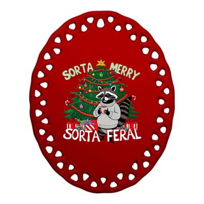 Funny Christmas Raccoon Sorta Merry Sorta Santa Feral Xmas Ceramic Oval Ornament