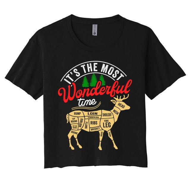 Funny Christmas Reindeer Hunter Deer Meat Hunting Gifts Women's Crop Top Tee