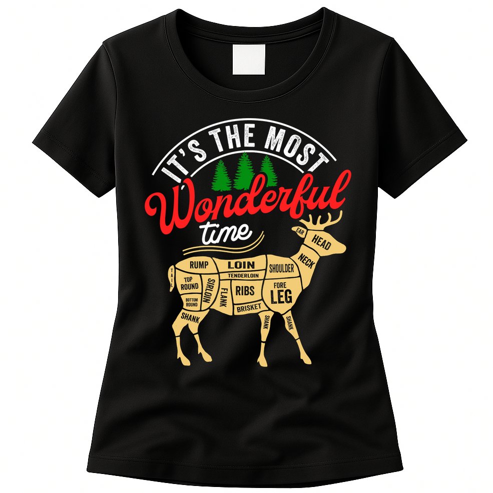 Funny Christmas Reindeer Hunter Deer Meat Hunting Gifts Womens T-Shirt