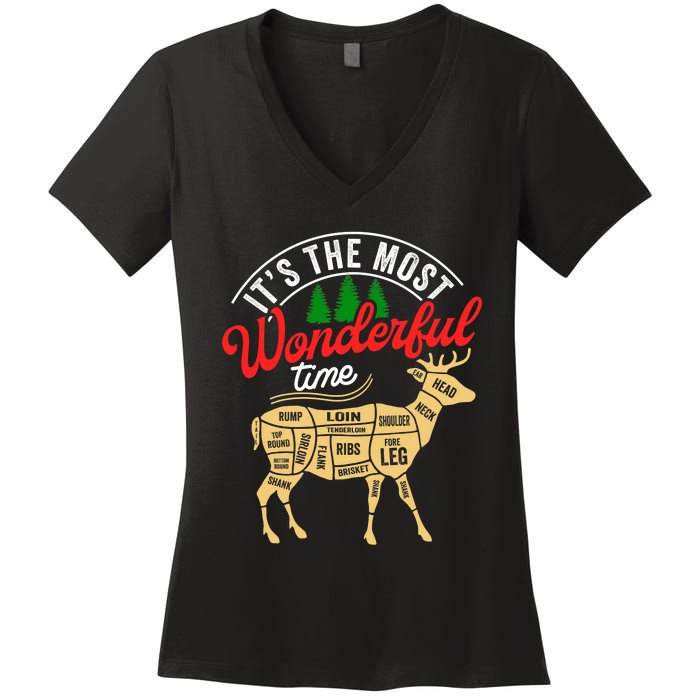 Funny Christmas Reindeer Hunter Deer Meat Hunting Gifts Women's V-Neck T-Shirt