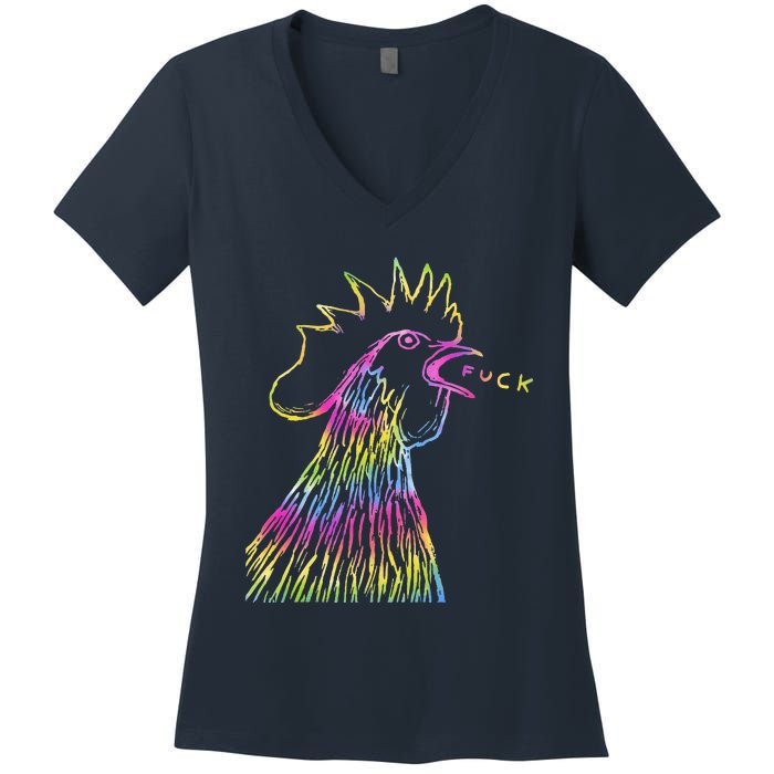 Funny Chicken Rooster Saying Fuck Tie Dye Women's V-Neck T-Shirt