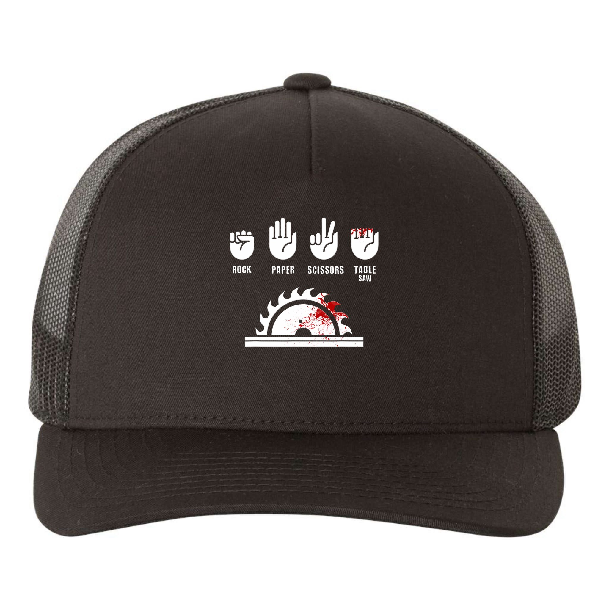 Funny Carpenter Rock Paper Scissors Table Saw Yupoong Adult 5-Panel Trucker Hat