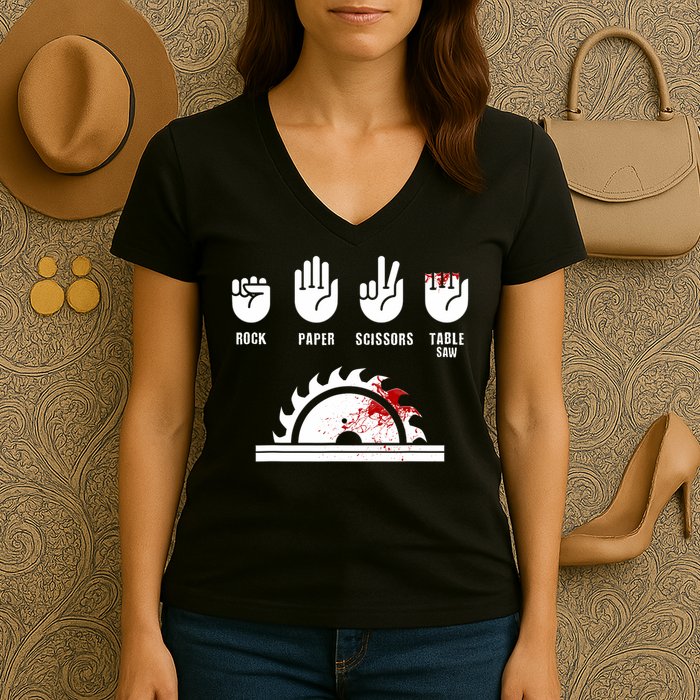 Funny Carpenter Rock Paper Scissors Table Saw Women's V-Neck T-Shirt