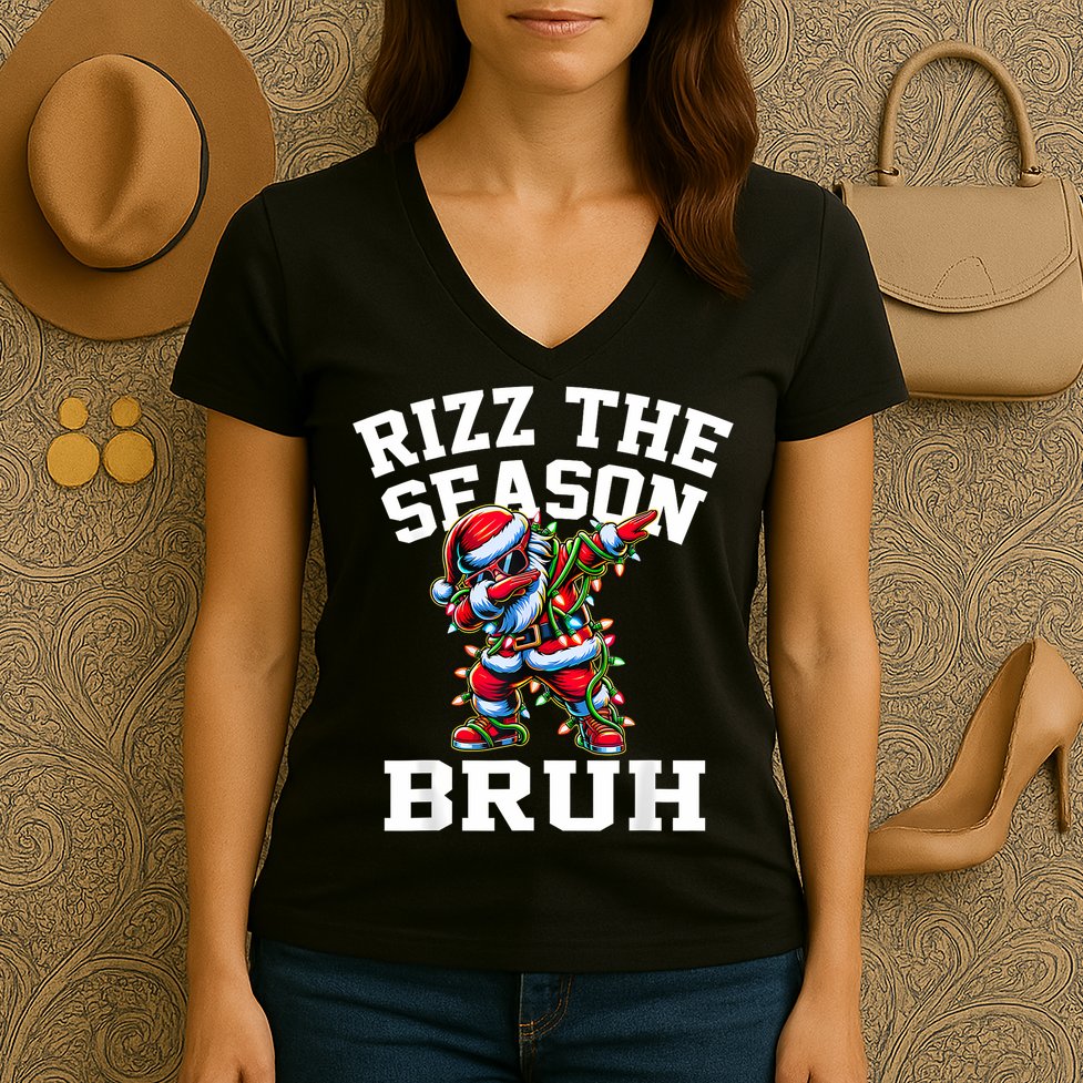 Funny Christmas Rizzmas Santa Xmas Rizz The Season Bruh Women's V-Neck T-Shirt