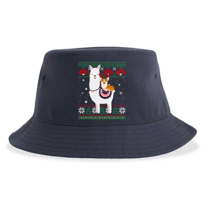 Funny Corgi Riding Llama Christmas Gifts Corgi Xmas ugly Sustainable Bucket Hat