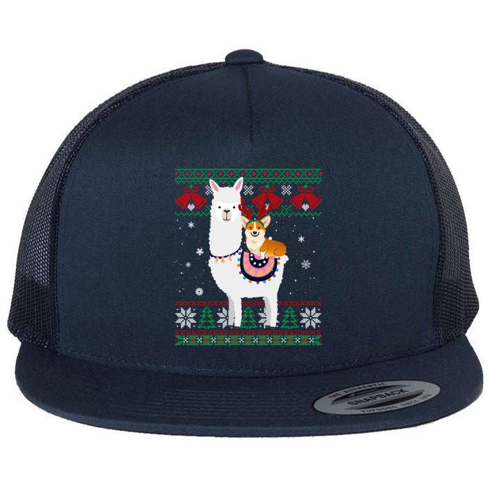 Funny Corgi Riding Llama Christmas Gifts Corgi Xmas ugly Flat Bill Trucker Hat