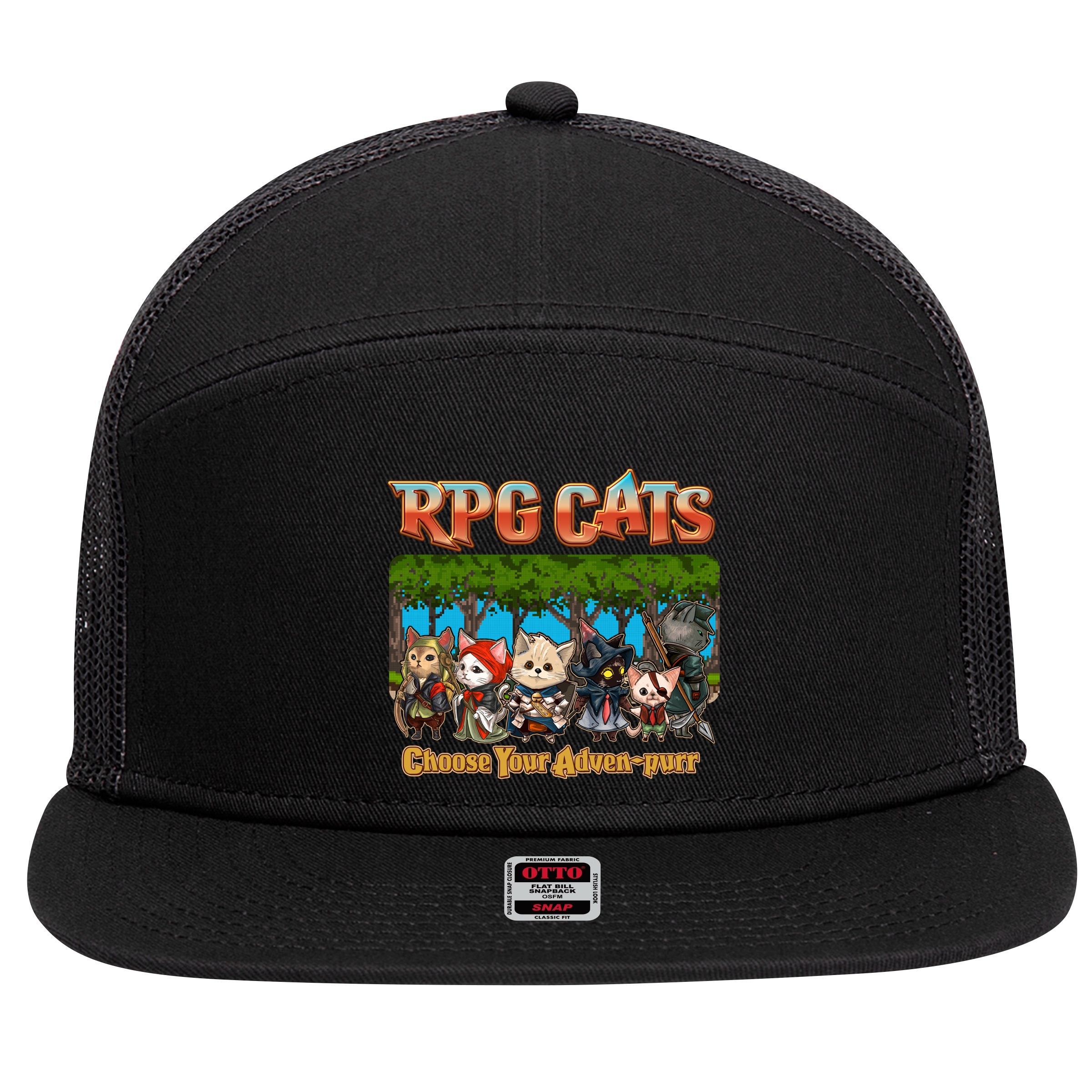 Funny Cute RPG Cats Choose Your Advenpurr 7 Panel Mesh Trucker Snapback Hat