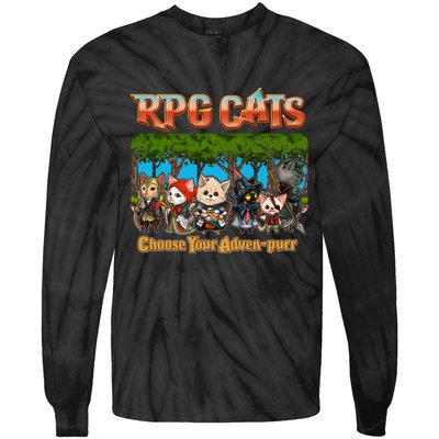 Funny Cute RPG Cats Choose Your Advenpurr Tie-Dye Long Sleeve Shirt