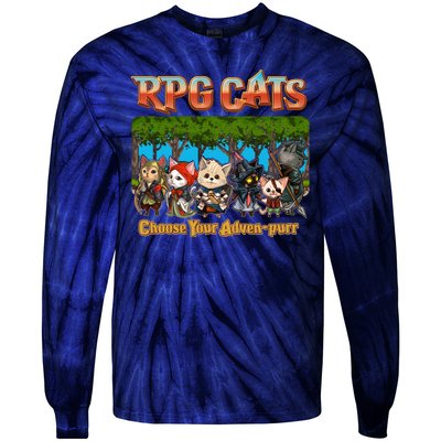 Funny Cute RPG Cats Choose Your Advenpurr Tie-Dye Long Sleeve Shirt