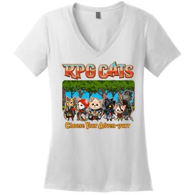 Funny Cute RPG Cats Choose Your Advenpurr Women's V-Neck T-Shirt