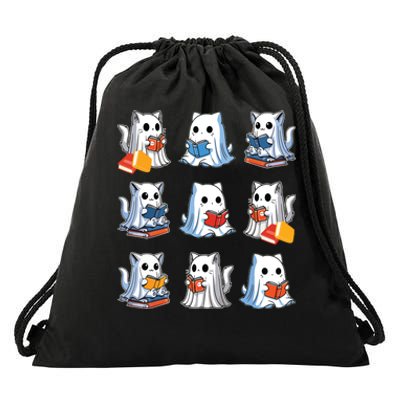 Funny Cats Reading Halloween Cute Cats Ghosts Reading Books Drawstring Bag