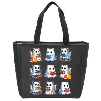 Funny Cats Reading Halloween Cute Cats Ghosts Reading Books Zip Tote Bag