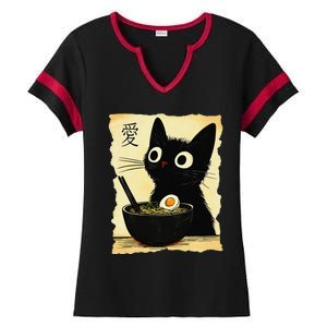 Funny Cat Ramen Japanese Kawaii Anime Cat Ladies Halftime Notch Neck Tee