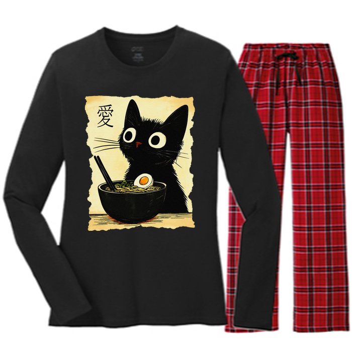 Funny Cat Ramen Japanese Kawaii Anime Cat Women's Long Sleeve Flannel Pajama Set 