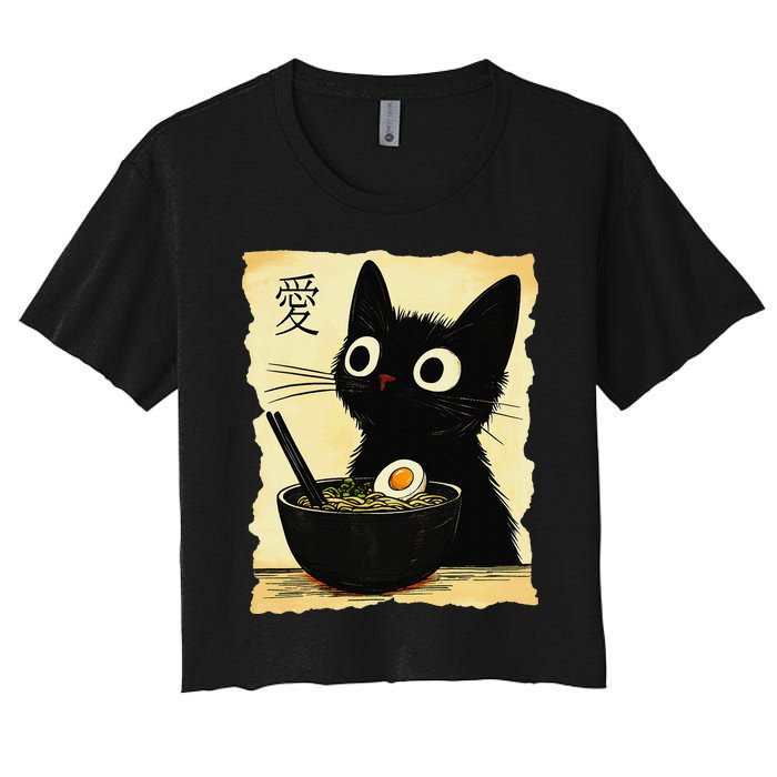 Funny Cat Ramen Japanese Kawaii Anime Cat Women's Crop Top Tee