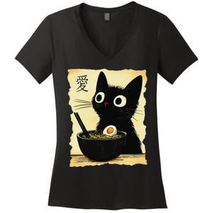 Funny Cat Ramen Japanese Kawaii Anime Cat Women's V-Neck T-Shirt