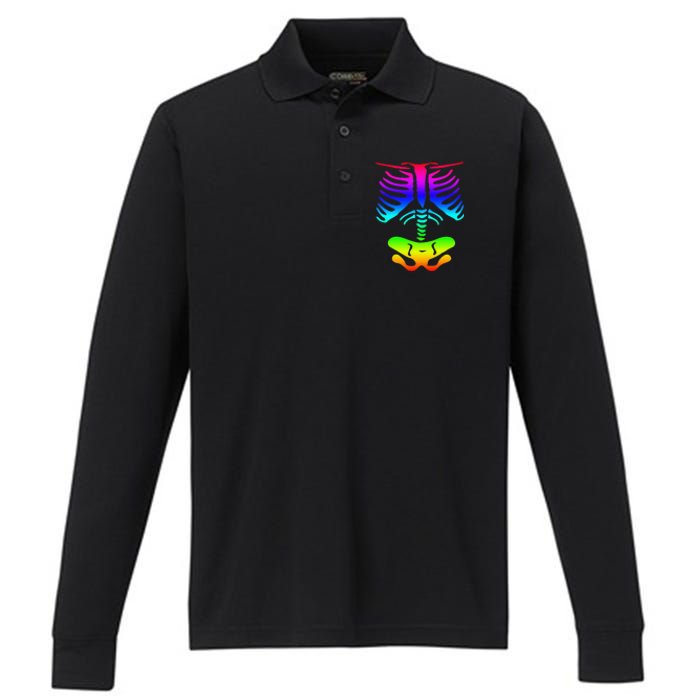 Funky Colorful Rainbow Skeleton Rib Cage Halloween Costume Performance Long Sleeve Polo