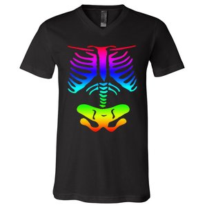 Funky Colorful Rainbow Skeleton Rib Cage Halloween Costume V-Neck T-Shirt