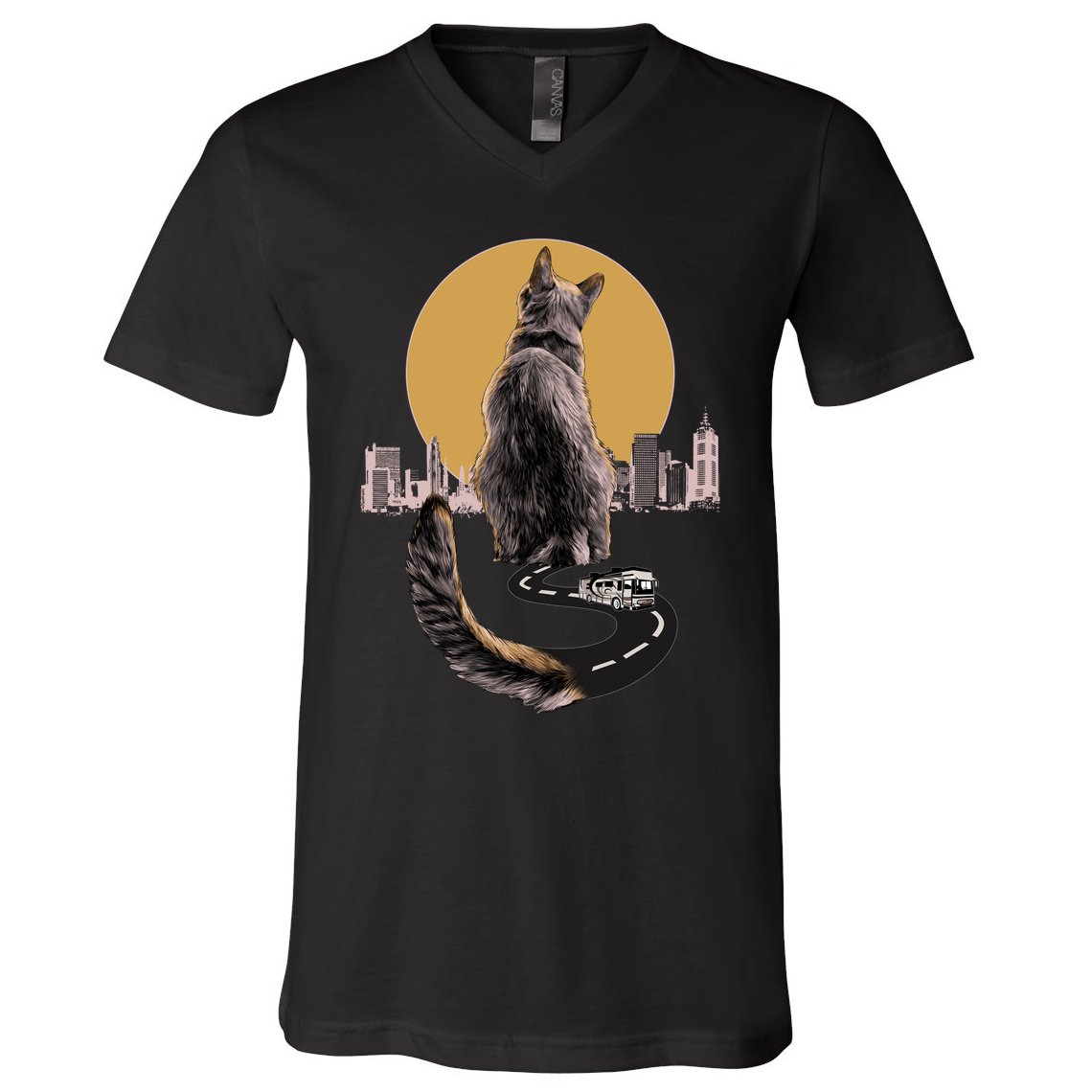 Funny City Road Highway Cat V-Neck T-Shirt