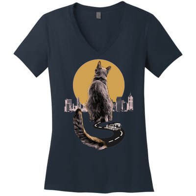 Funny City Road Highway Cat Women's V-Neck T-Shirt