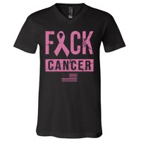 F*ck Cancer Ribbon American Flag Tribute V-Neck T-Shirt