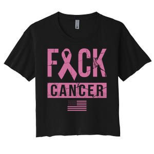 F*ck Cancer Ribbon American Flag Tribute Women's Crop Top Tee