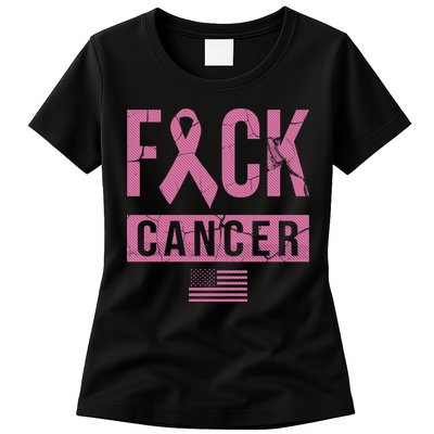 F*ck Cancer Ribbon American Flag Tribute Womens T-Shirt