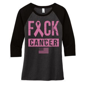 F*ck Cancer Ribbon American Flag Tribute Women's Tri-Blend 3/4-Sleeve Raglan Shirt