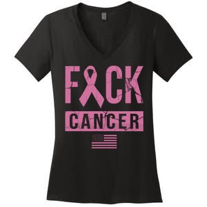 F*ck Cancer Ribbon American Flag Tribute Women's V-Neck T-Shirt