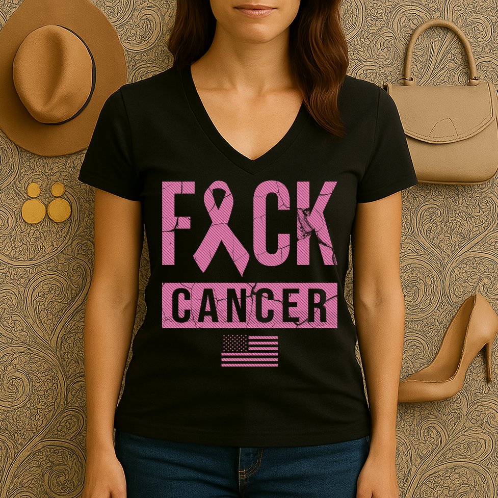 F*ck Cancer Ribbon American Flag Tribute Women's V-Neck T-Shirt