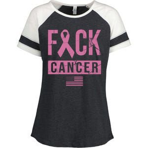 F*ck Cancer Ribbon American Flag Tribute Enza Ladies Jersey Colorblock Tee