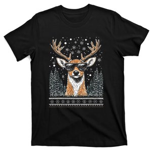 Funny Christmas Reindeer With Sunglasses Ugly Christmas Gift T-Shirt